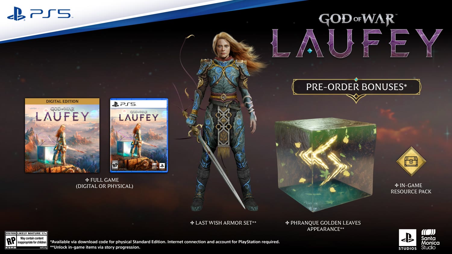 Official God of War Laufey graphic showing the Last Wish armor, Phranque Golden Leaves appearance and resource pack