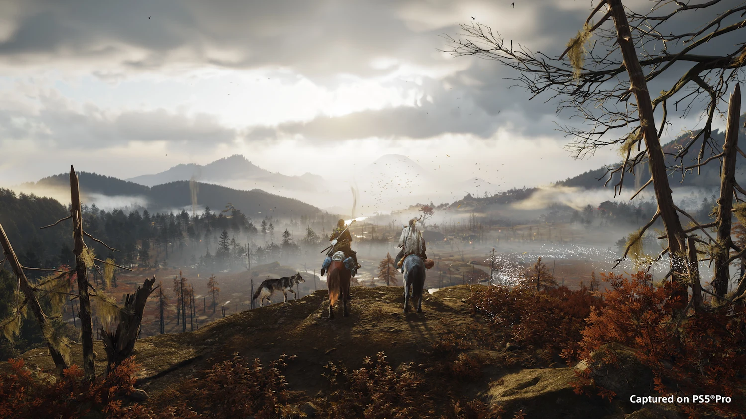 Riders overlooking a valley in official Ghost of Yōtei expansion artwork